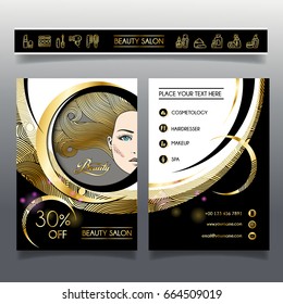 Business brochure template for beauty salon and hairdressing shop. Vector illustration face of girl with golden hair and cosmetics icons for use on booklets, flyers, business card.