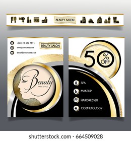 Business brochure template for beauty salon and hairdressing shop. Vector illustration face of girl with golden hair and cosmetics icons for use on booklets, flyers, business card.