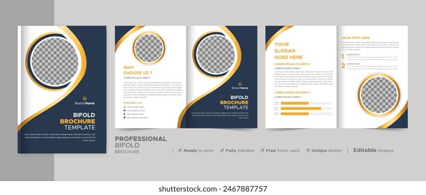 Business Brochure Template in Bifold Layout. Corporate Design Leaflet with Replaceable Image Shape.