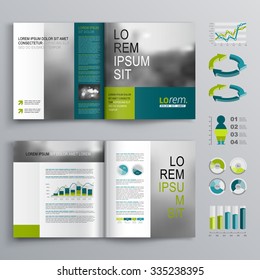 Business brochure template design with blue and green shapes. Cover layout and infographics