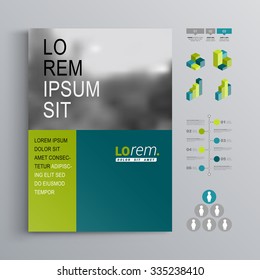 Business brochure template design with blue and green shapes. Cover layout and infographics