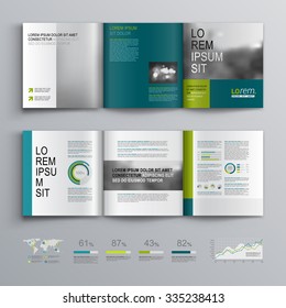 Business brochure template design with blue and green shapes. Cover layout and infographics