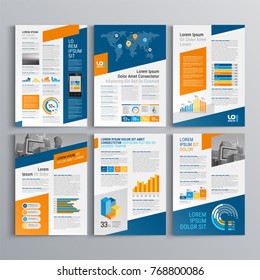 Business brochure template design with blue and orange elements. Cover layout and info graphics