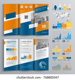 Business brochure template design with blue and orange elements. Cover layout and info graphics