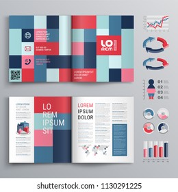 Business brochure template design with color squares. Cover layout and infographics