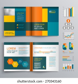 Business brochure template design with color square shapes. Cover layout and infographics
