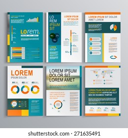 Business brochure template design with color square shapes. Cover layout and infographics