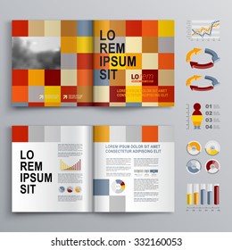 Business brochure template design with color square shapes. Cover layout and infographics