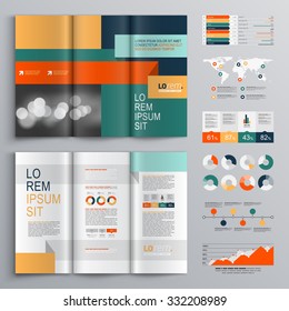 Business brochure template design with color stripes and geometric lines. Cover layout and infographics