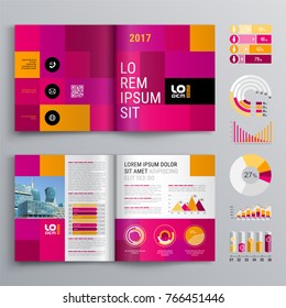 Business brochure template design with color squares. Cover layout and infographics