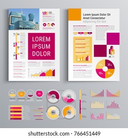 Business brochure template design with color squares. Cover layout and infographics