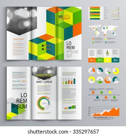Business brochure template design with cubes and square elements. Cover layout and infographics