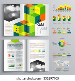 Business brochure template design with cubes and square elements. Cover layout and infographics