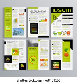 Business brochure template design with green main color. Cover layout and infographics