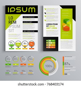 Business brochure template design with green main color. Cover layout and infographics