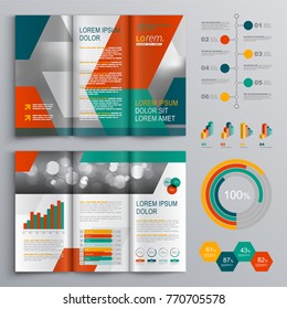 Business brochure template design with green and red geometric shapes. Cover layout and infographics