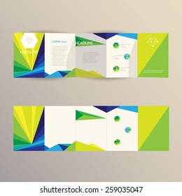 business brochure template design in modern triangular geometric composition with logo elements and polygon symbols- blue, green and yellow shades