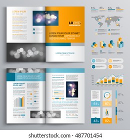 Business brochure template design with orange square shapes. Cover layout and infographics