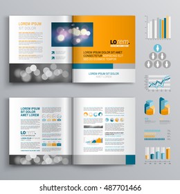 Business brochure template design with orange square shapes. Cover layout and infographics