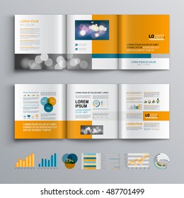 Business brochure template design with orange square shapes. Cover layout and infographics