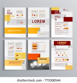Business brochure template design with red and orange shapes. Cover layout and infographics