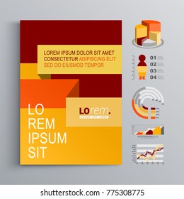 Business brochure template design with red and orange shapes. Cover layout and info graphics