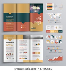 Business brochure template design with three color shapes. Cover layout and infographics