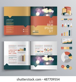 Business brochure template design with three color shapes. Cover layout and infographics