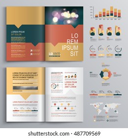 Business brochure template design with three color shapes. Cover layout and infographics