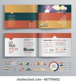 Business brochure template design with three color shapes. Cover layout and infographics
