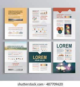 Business brochure template design with three color shapes. Cover layout and infographics