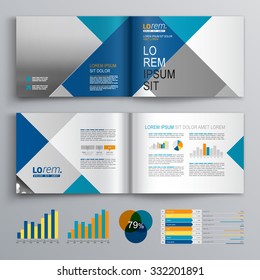 Business Brochure Template Design With White, Blue And Gray Square Pattern. Cover Layout And Infographics