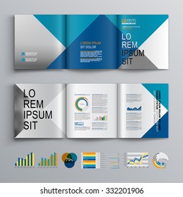 Business brochure template design with white, blue and gray square pattern. Cover layout and infographics