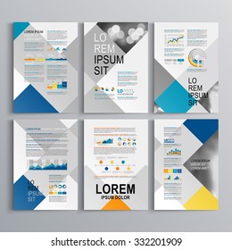 Business brochure template design with white, blue and gray square pattern. Cover layout and infographics