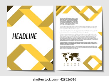 Business brochure template design with world map infographics element. Annual report, presentation, book cover or flyer. Stock vector.