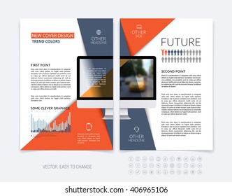 Business brochure template layout, abstract flyer design, cover report, magazine, booklet in A4 with orange grey diagonal shapes with triangle, computer and infographics. Minimal vector.