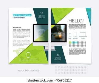 Business brochure template layout, abstract flyer design, cover report, magazine, booklet in A4 with green blue diagonal shapes with triangle, computer and infographics. Minimal vector.