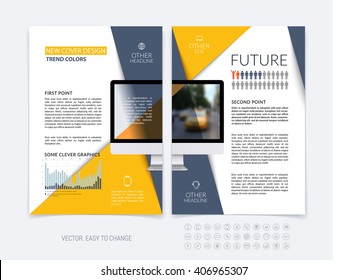 Business brochure template layout, abstract flyer design, cover report, magazine, booklet in A4 with orange grey diagonal shapes with triangle, computer and infographics. Minimal vector.
