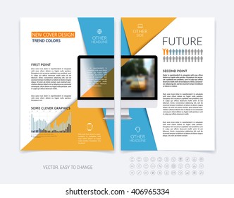 Business brochure template layout, abstract flyer design, cover report, magazine, booklet in A4 with orange blue diagonal shapes with triangle, computer and infographics. Minimal vector.