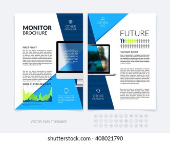 Business Brochure Template Layout, Abstract Flyer Design, Cover Report, Magazine, Booklet In A4 With Diagonal Shapes With Blue Triangle, Computer And Infographics. Minimal Vector.