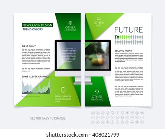 Business brochure template layout, abstract flyer design, cover report, magazine, booklet in A4 with diagonal shapes with blue green triangle, computer and infographics. Minimal vector.