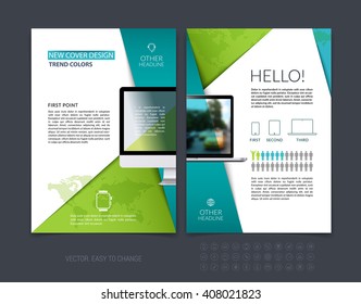 Business Brochure Template Layout, Abstract Flyer Design, Cover Report, Magazine, Booklet In A4 With Diagonal Shapes With Blue Green Triangle, Computer And Infographics. Minimal Vector.