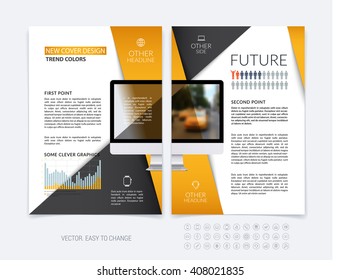 Business brochure template layout, abstract flyer design, cover report, magazine, booklet in A4 with diagonal shapes with orange grey triangle, computer and infographics. Minimal vector.