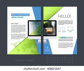 Business brochure template layout, abstract flyer design, cover report, magazine, booklet in A4 with diagonal shapes with triangle, computer and infographics. Minimal vector.