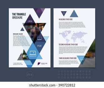 Business brochure template layout, cover design annual report, magazine, flyer or booklet in A4 with blue purple dynamic triangular geometric shapes on white background. Vector Illustration.