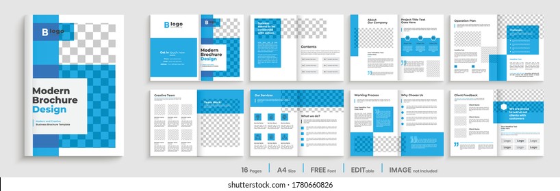 Business brochure template layout design, 16 page corporate brochure template layout, minimal business brochure template design, elegant blue shape brochure template layout,