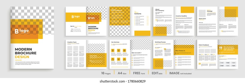 Business brochure template layout design, 16 page corporate brochure template layout, minimal business brochure template design, elegant orange shape brochure template layout,