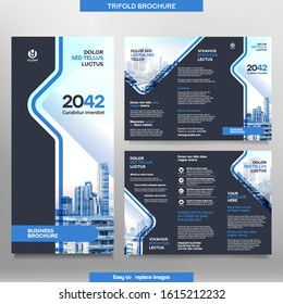 Business Brochure Template in Tri Fold Layout. Corporate Design Leaflet with replacable image.