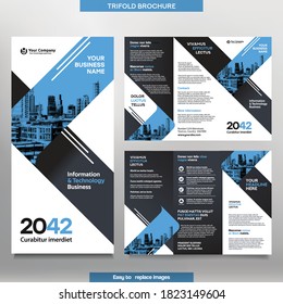 Business Brochure Template in Tri Fold Layout. Corporate Design Leaflet with replacable image.