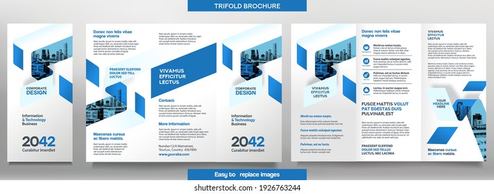 Business Brochure Template in Tri Fold Layout. Corporate Design Leaflet with replacable image.